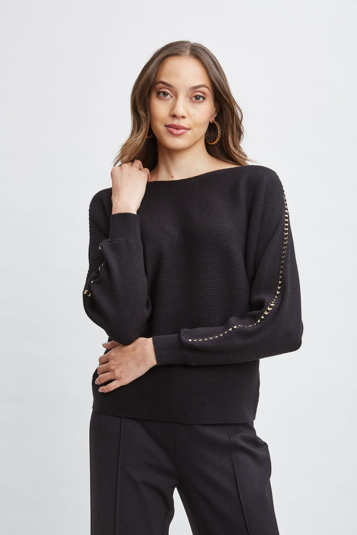 Elie Tahari T-Tahari Chain Sleeve Sweater BLACK