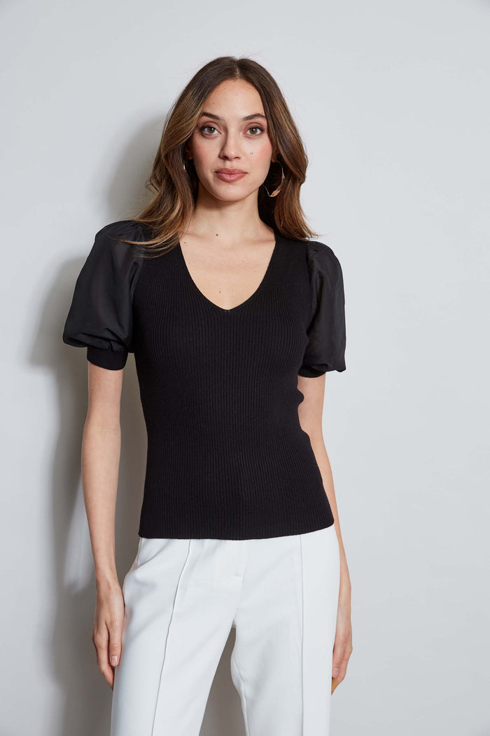 Elie Tahari T-Tahari Chiffon Sleeve Knit BLACK