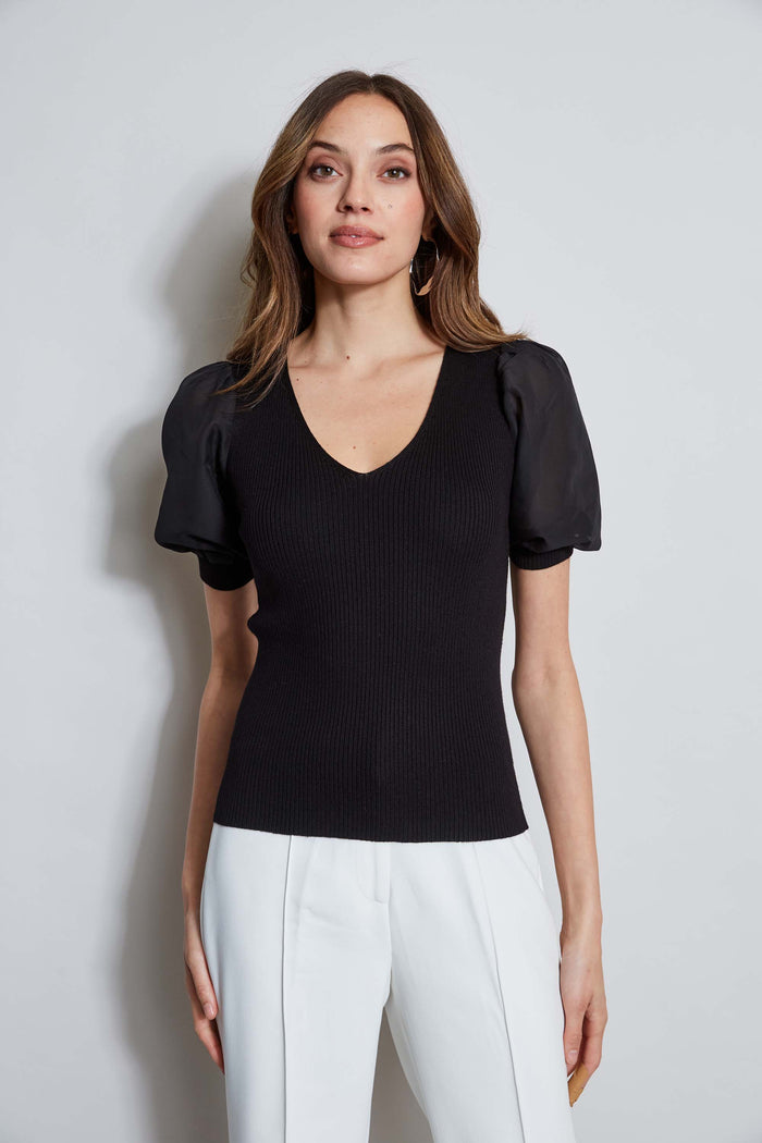 Elie Tahari T-Tahari Chiffon Sleeve Knit BLACK