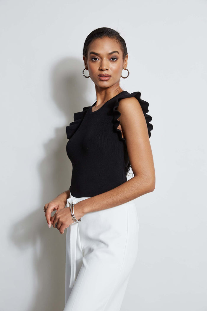 Elie Tahari T-Tahari Flutter Sleeve Knit BLACK