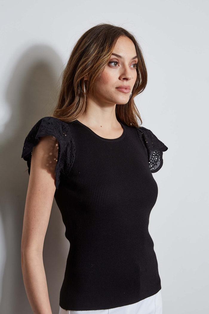 Elie Tahari T-Tahari Lace Sleeve Knit BLACK