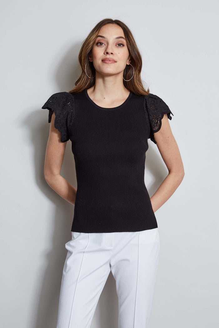 Elie Tahari T-Tahari Lace Sleeve Knit BLACK