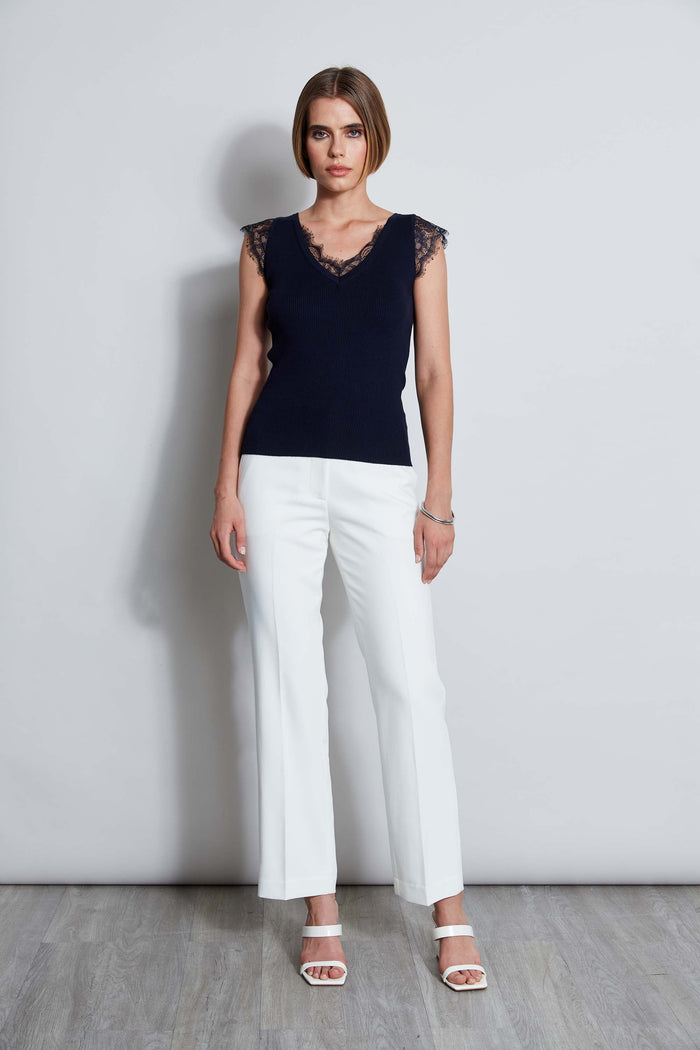 Elie Tahari T-Tahari Lace Trim Sweater NAVY