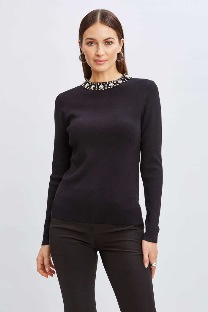 Elie Tahari T-Tahari Mock Pearl Neck Sweater BLACK