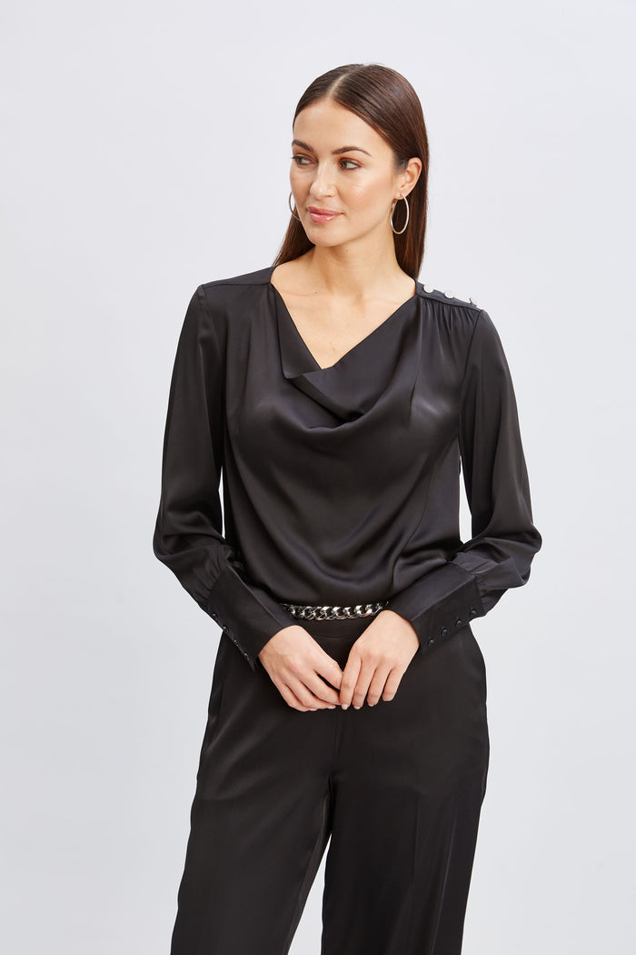 Elie Tahari T-Tahari Satin Cowl Jewel Top BLACK