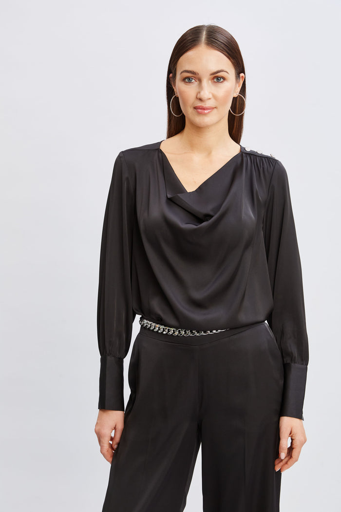 Elie Tahari T-Tahari Satin Cowl Jewel Top BLACK