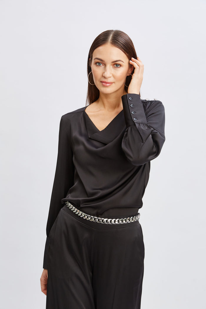 Elie Tahari T-Tahari Satin Cowl Jewel Top BLACK