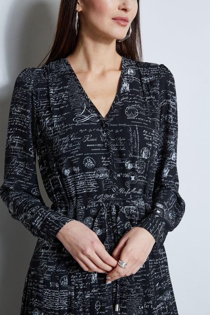 Elie Tahari T-Tahari Script Print Midi Dress BLACK