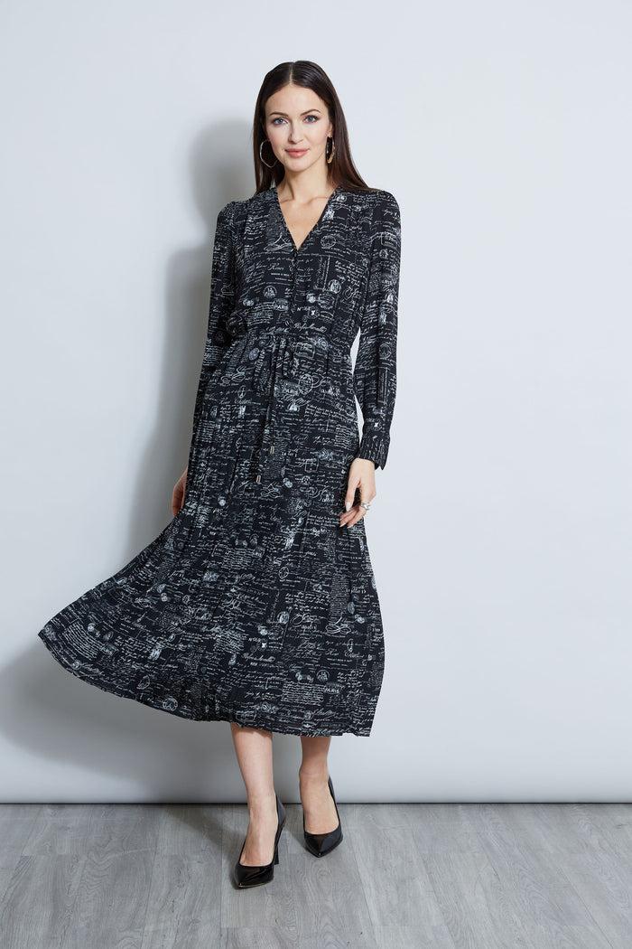 Elie Tahari T-Tahari Script Print Midi Dress BLACK