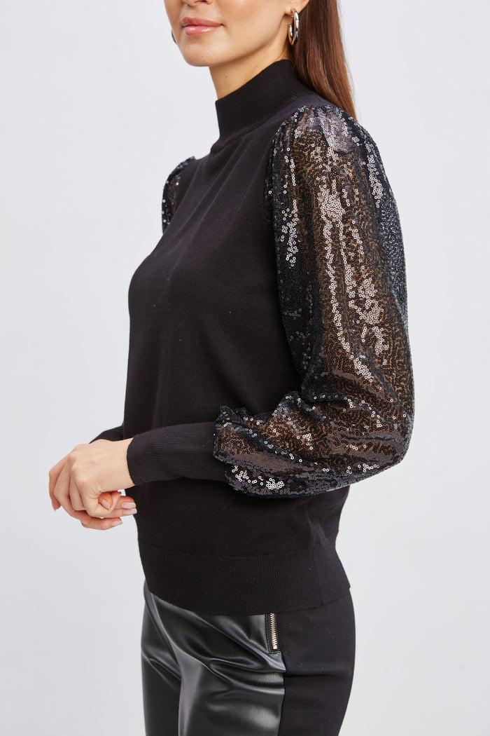 Elie Tahari T-Tahari Sequin Sleeve Sweater BLACK