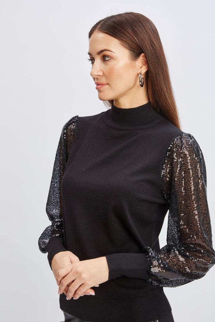 Elie Tahari T-Tahari Sequin Sleeve Sweater BLACK