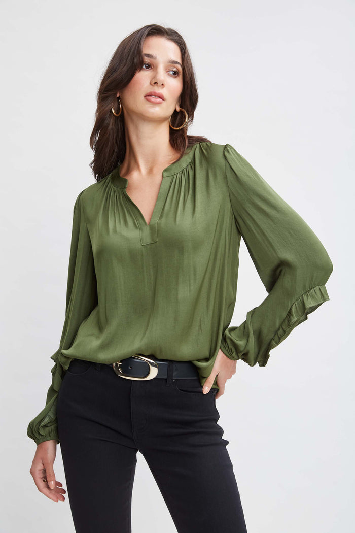 Elie Tahari T-Tahari Split Neck Shirt AUTUMN GREEN