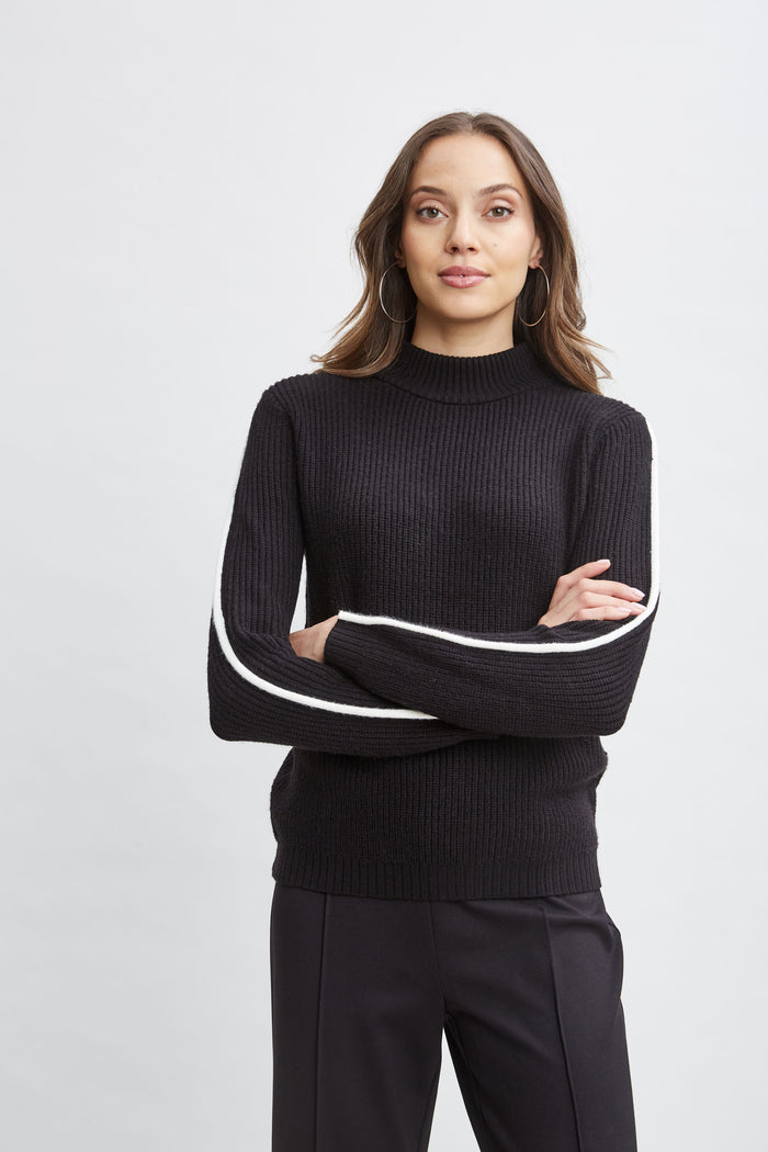 Elie Tahari T-Tahari Stripe Sleeve Sweater BLACK