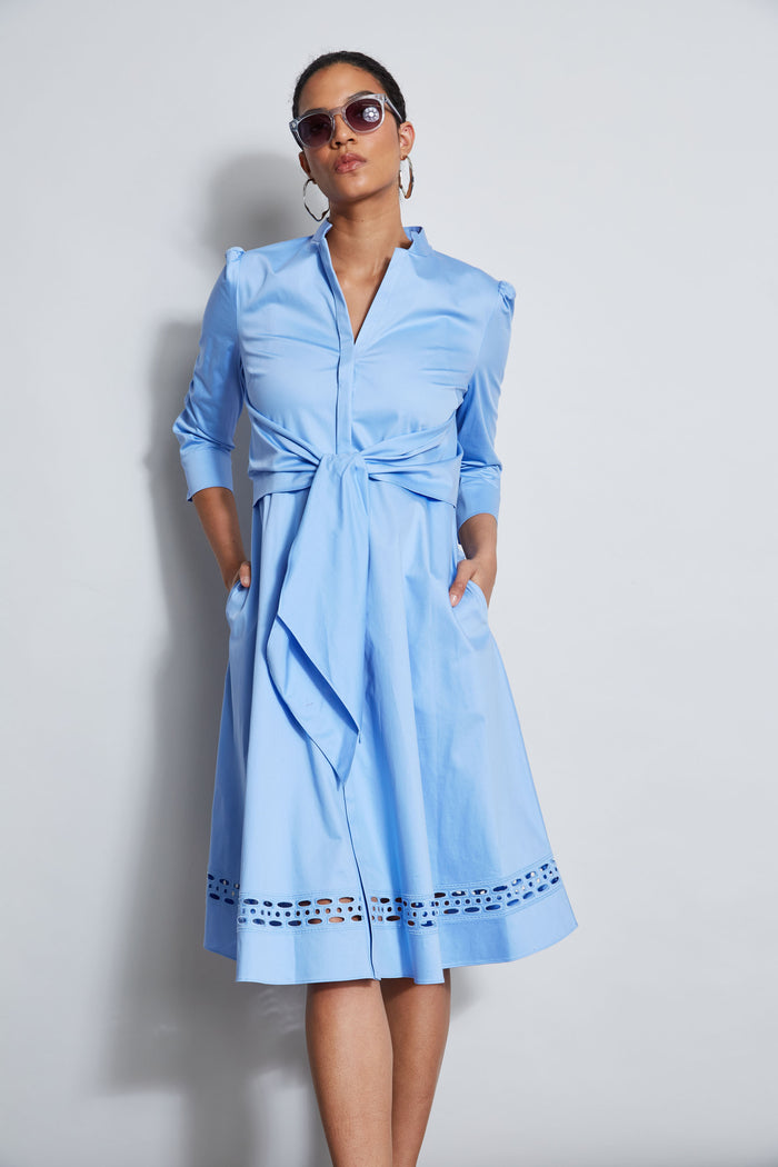 Elie Tahari Tie Cotton Midi Dress HORIZON BLUE