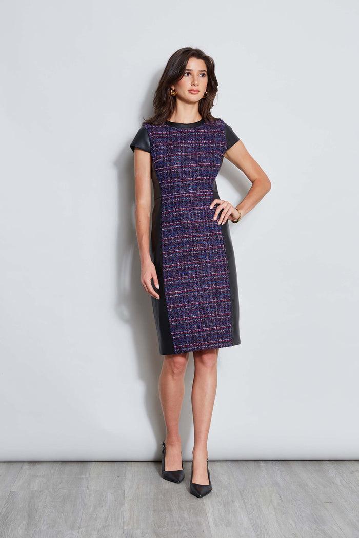 Elie Tahari Tweed Vegan Leather Panel Dress MULTI