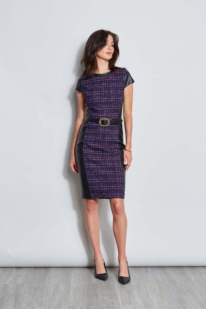Elie Tahari Tweed Vegan Leather Panel Dress MULTI