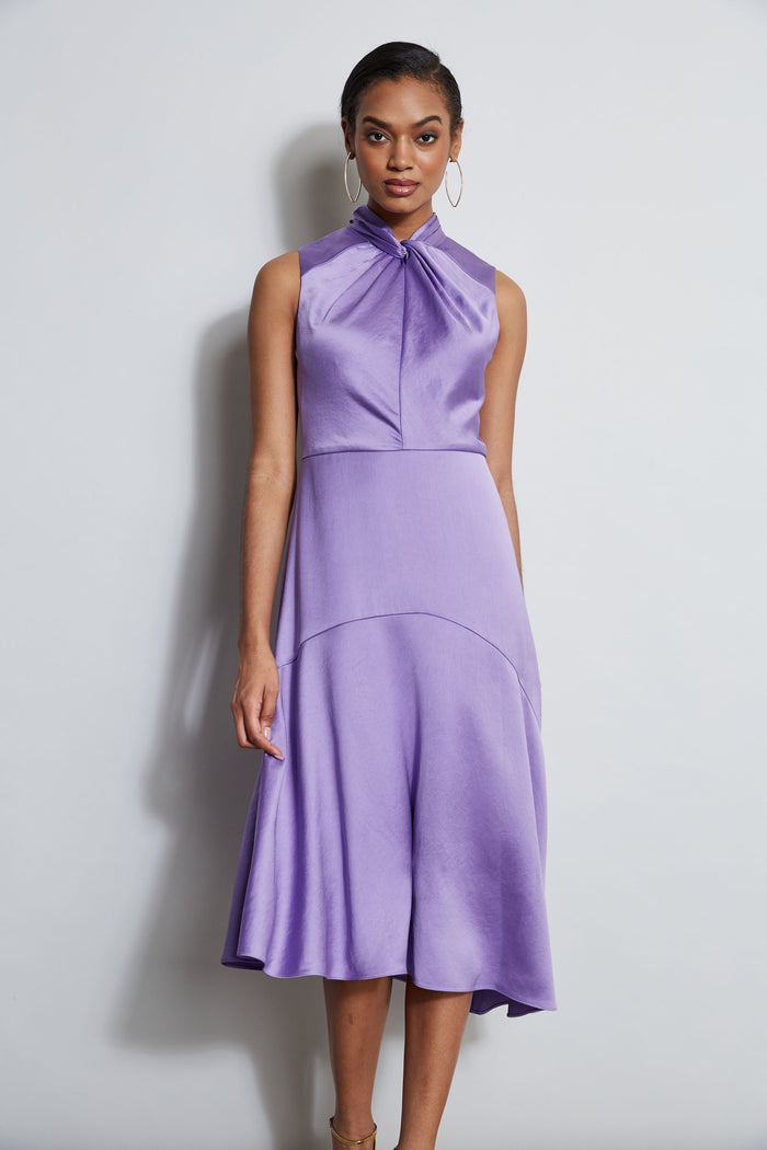 Elie Tahari Twist Neck Satin Dress GRAPE