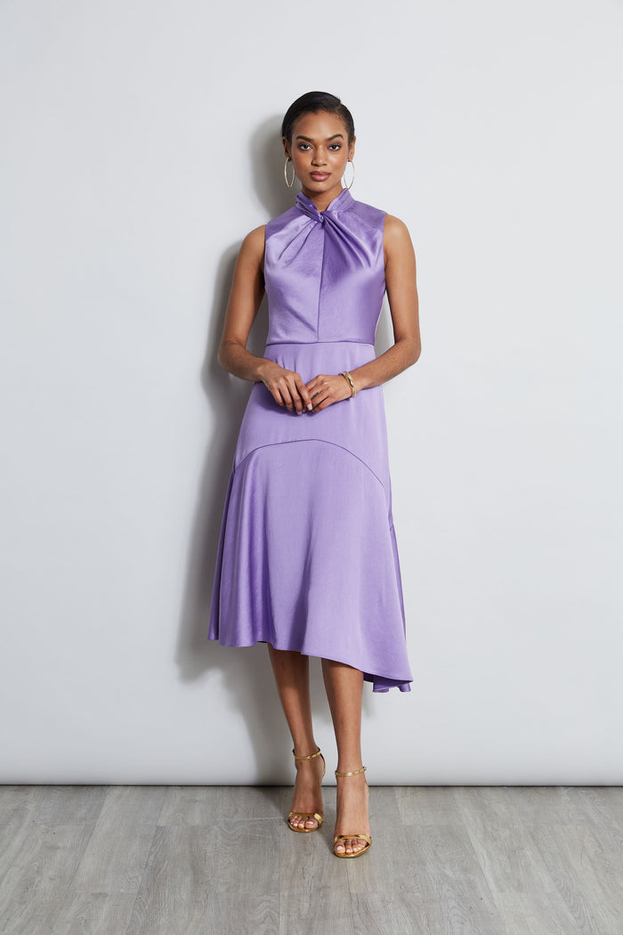Elie Tahari Twist Neck Satin Dress GRAPE