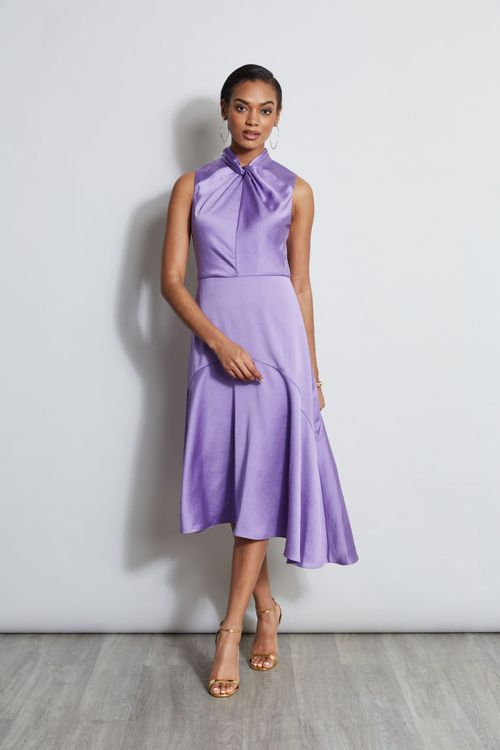 Elie Tahari Twist Neck Satin Dress GRAPE