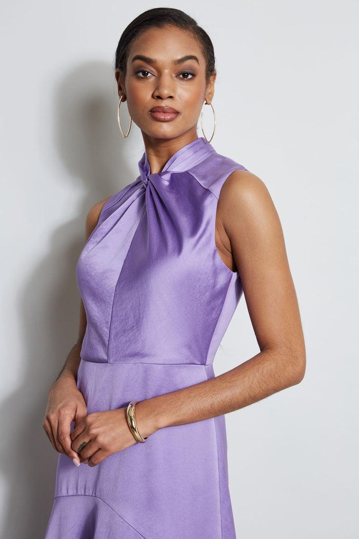 Elie Tahari Twist Neck Satin Dress GRAPE