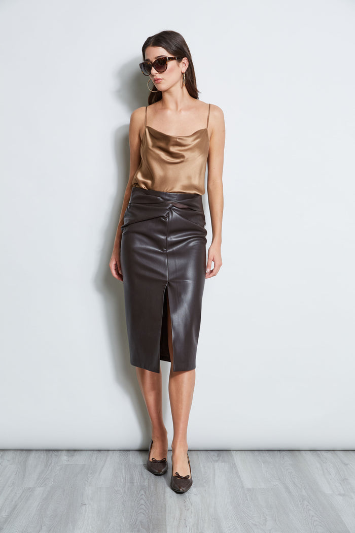 Elie Tahari Twist Vegan Leather Skirt ESPRESSO