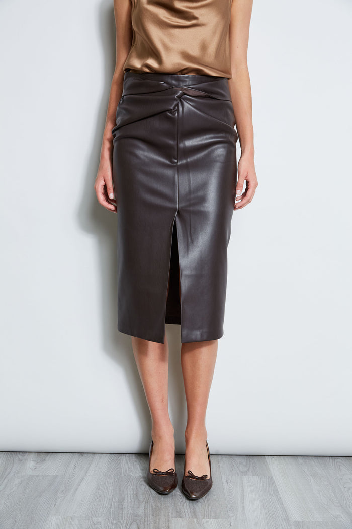 Elie Tahari Twist Vegan Leather Skirt ESPRESSO