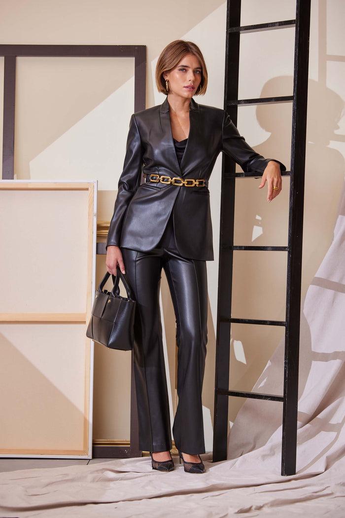 Elie Tahari Vegan Leather Belted Blazer BLACK