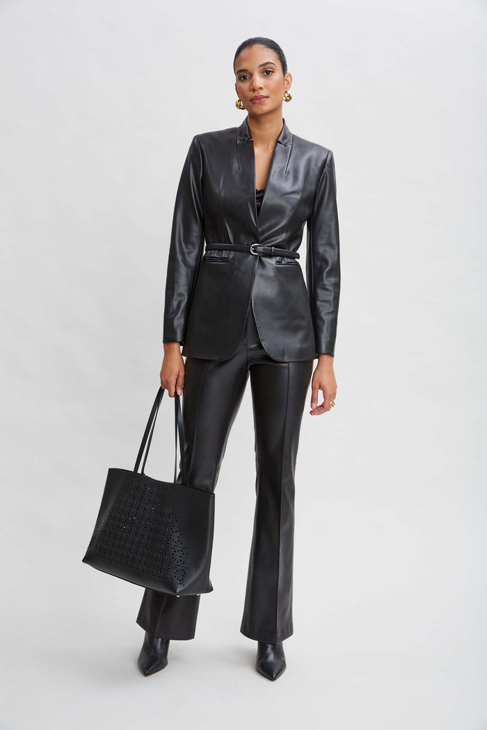 Elie Tahari Vegan Leather Belted Blazer BLACK