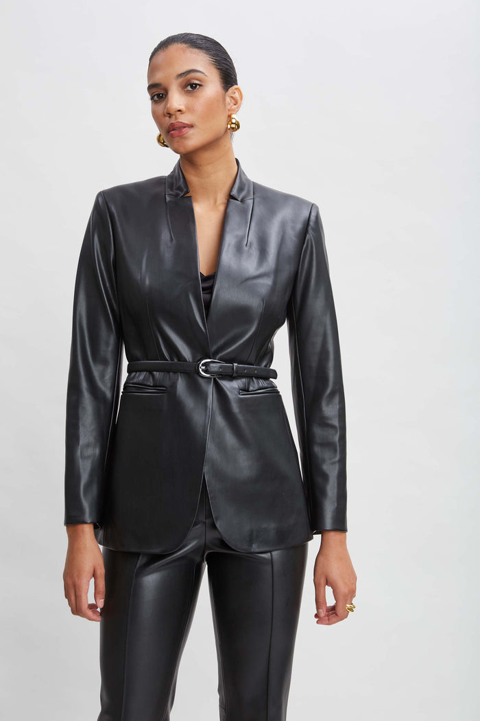 Elie Tahari Vegan Leather Belted Blazer BLACK