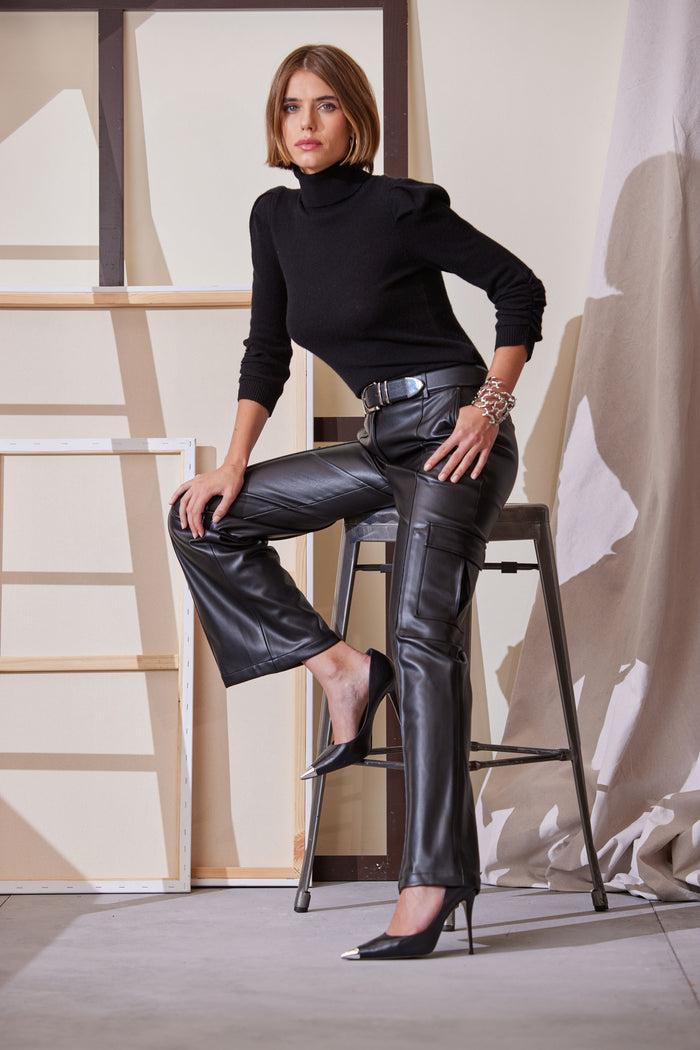 Elie Tahari Vegan Leather Cargo Pant BLACK