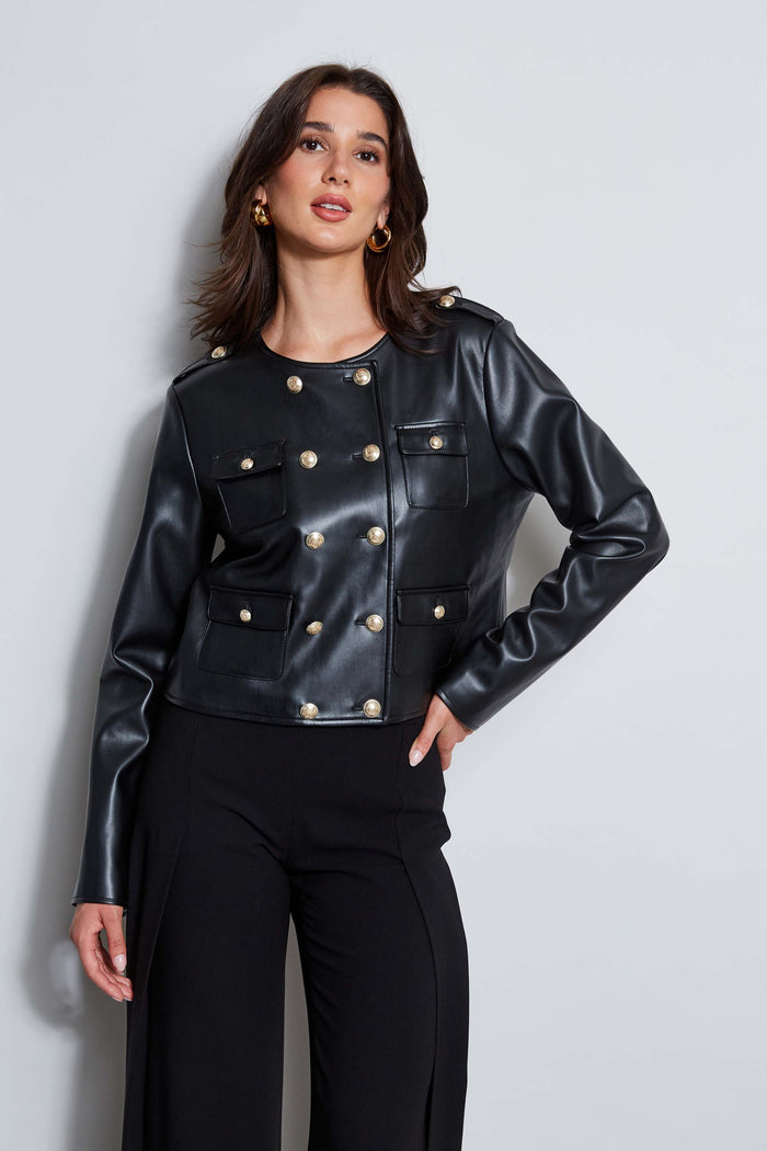 Elie Tahari Vegan Leather Crest Button Jacket Noir