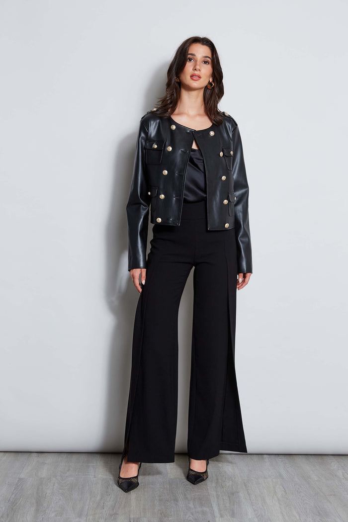Elie Tahari Vegan Leather Crest Button Jacket Noir