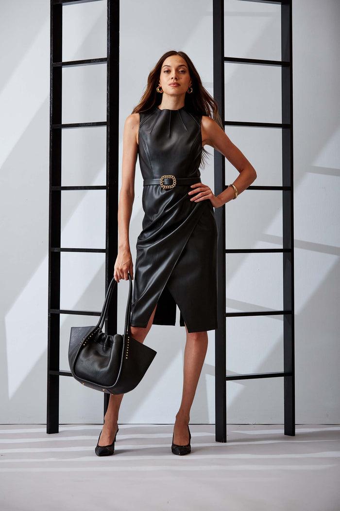Elie Tahari Vegan Leather Dart Wrap Dress BLACK