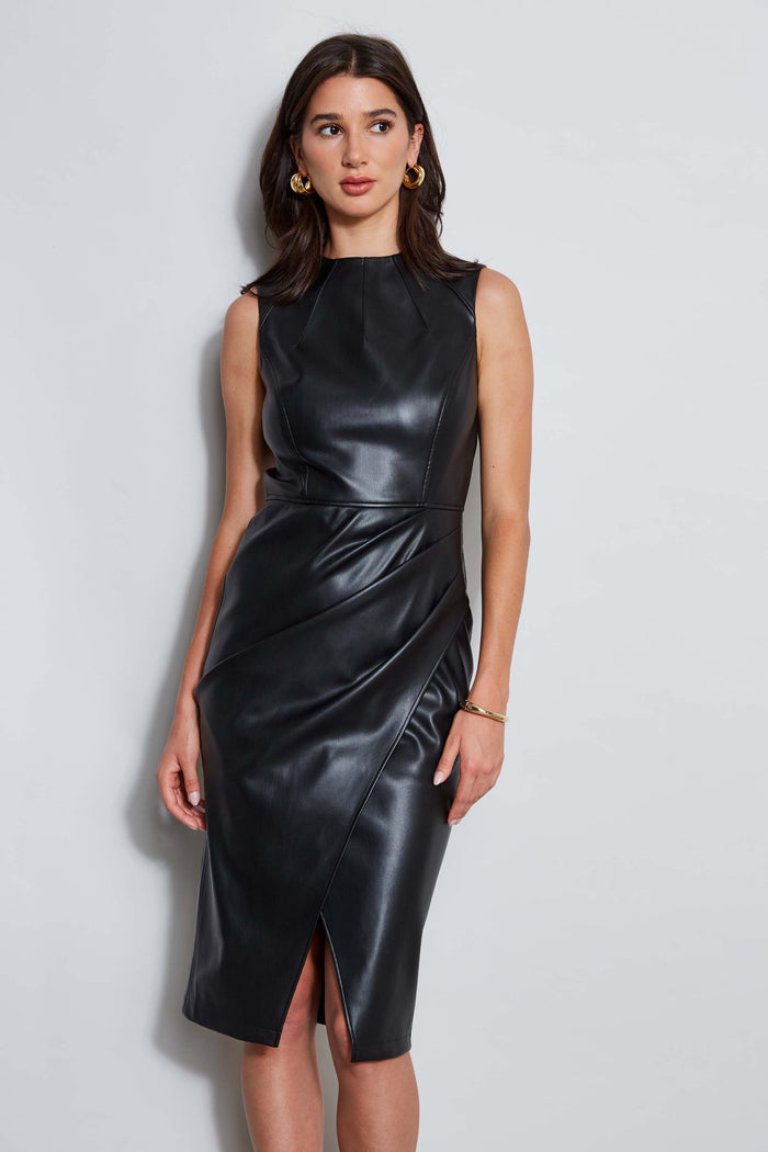 Elie Tahari Vegan Leather Dart Wrap Dress BLACK