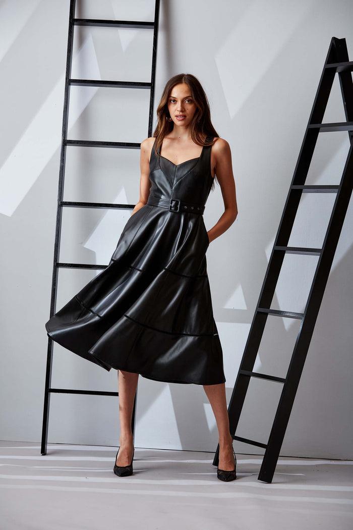 Elie Tahari Vegan Leather Fit & Flare Dress Noir