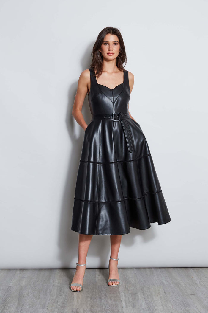 Elie Tahari Vegan Leather Fit & Flare Dress Noir