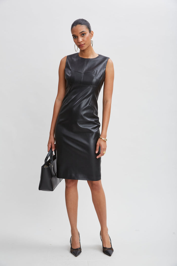 Elie Tahari Vegan Leather Side Panel Dress BLACK
