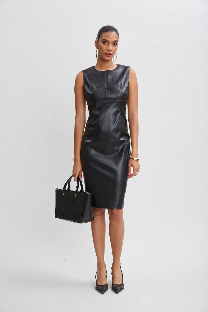 Elie Tahari Vegan Leather Side Panel Dress BLACK