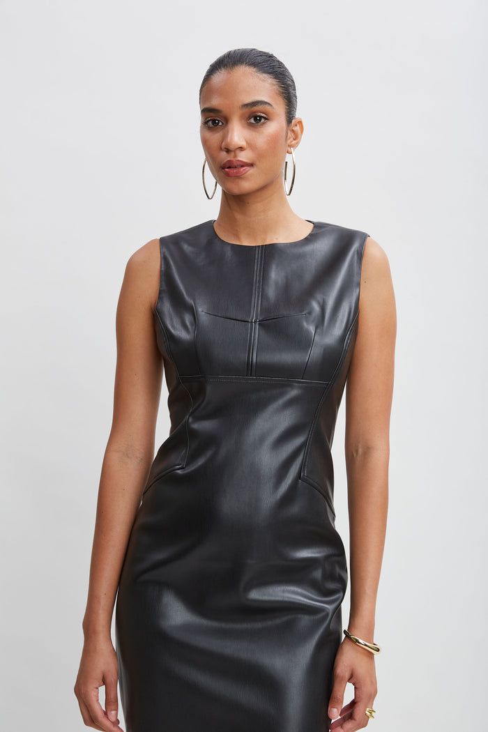 Elie Tahari Vegan Leather Side Panel Dress BLACK