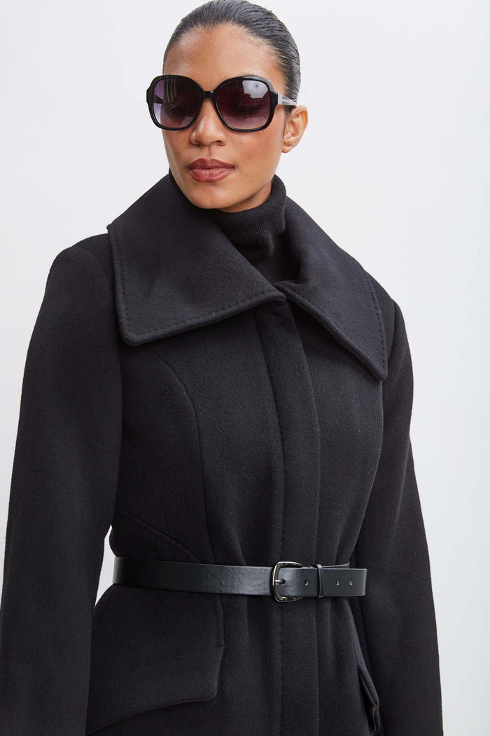 Elie Tahari Wool Belted Panel Coat BLACK