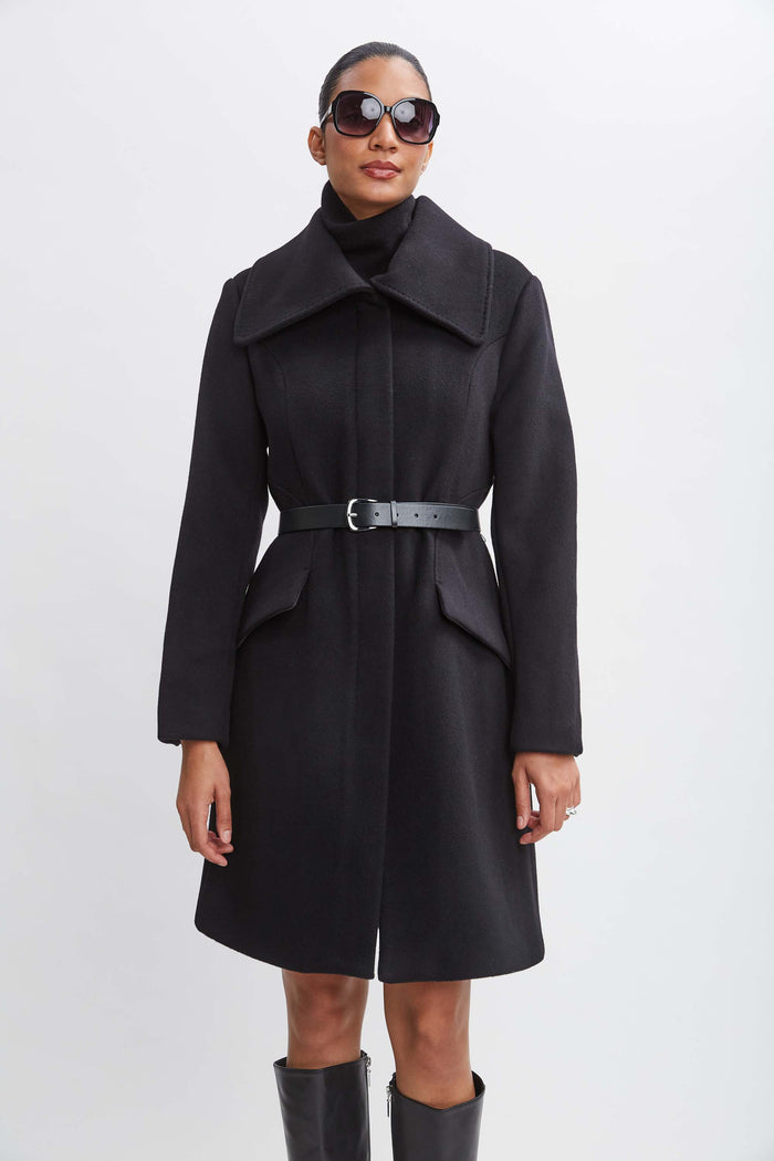 Elie Tahari Wool Belted Panel Coat BLACK