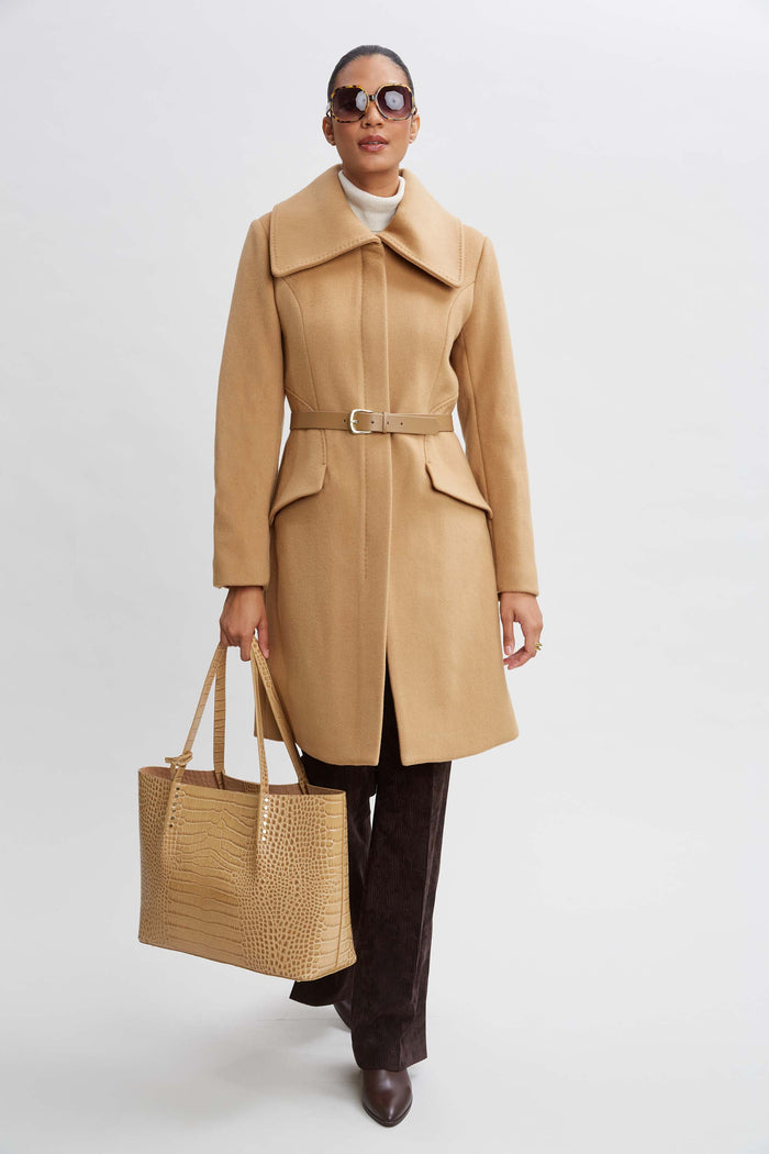 Elie Tahari Wool Belted Panel Coat TOFFEE