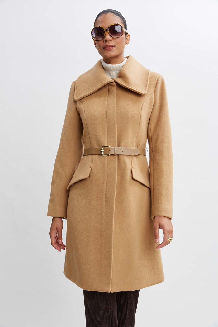 Elie Tahari Wool Belted Panel Coat TOFFEE