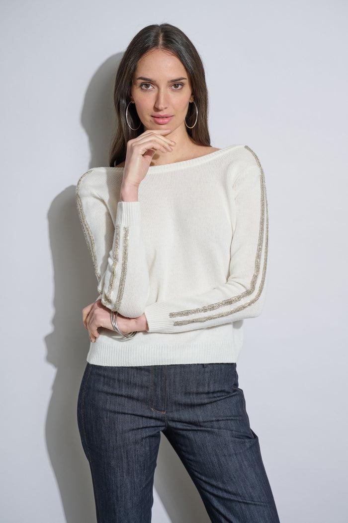 Elie Tahari Embellished Merino Cashmere Sweater Sky White