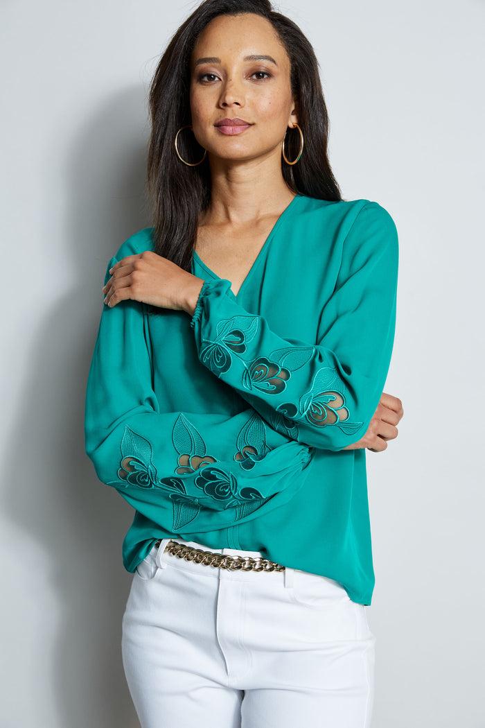Elie Tahari Embroidered Long Sleeve Shirt TAHITI GREEN
