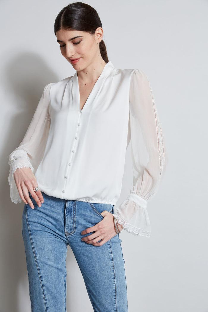 Elie Tahari Embroidered Sleeve Blouson Shirt FRESH PEARL