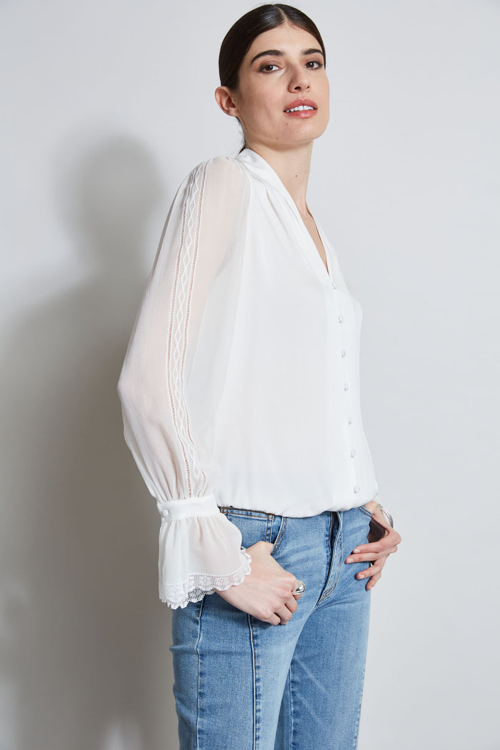 Elie Tahari Embroidered Sleeve Blouson Shirt FRESH PEARL