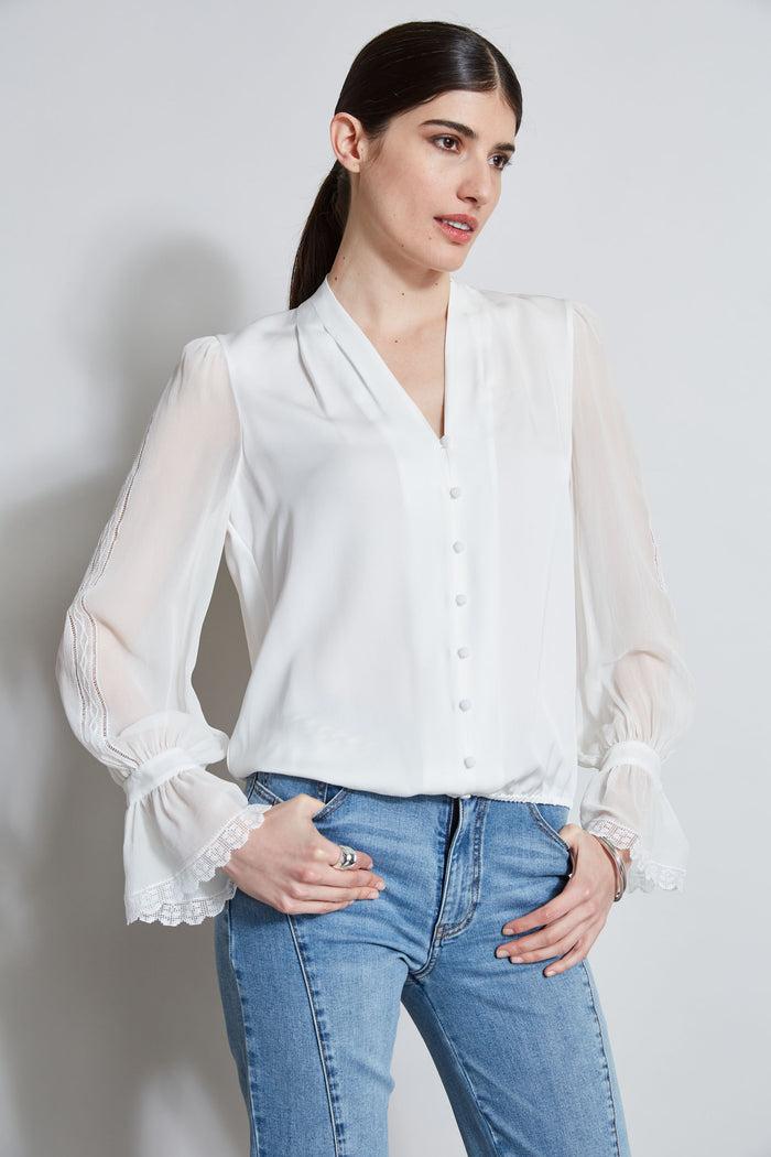 Elie Tahari Embroidered Sleeve Blouson Shirt FRESH PEARL