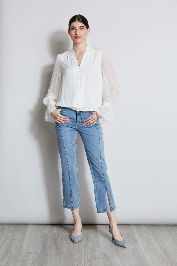 Elie Tahari Embroidered Sleeve Blouson Shirt FRESH PEARL