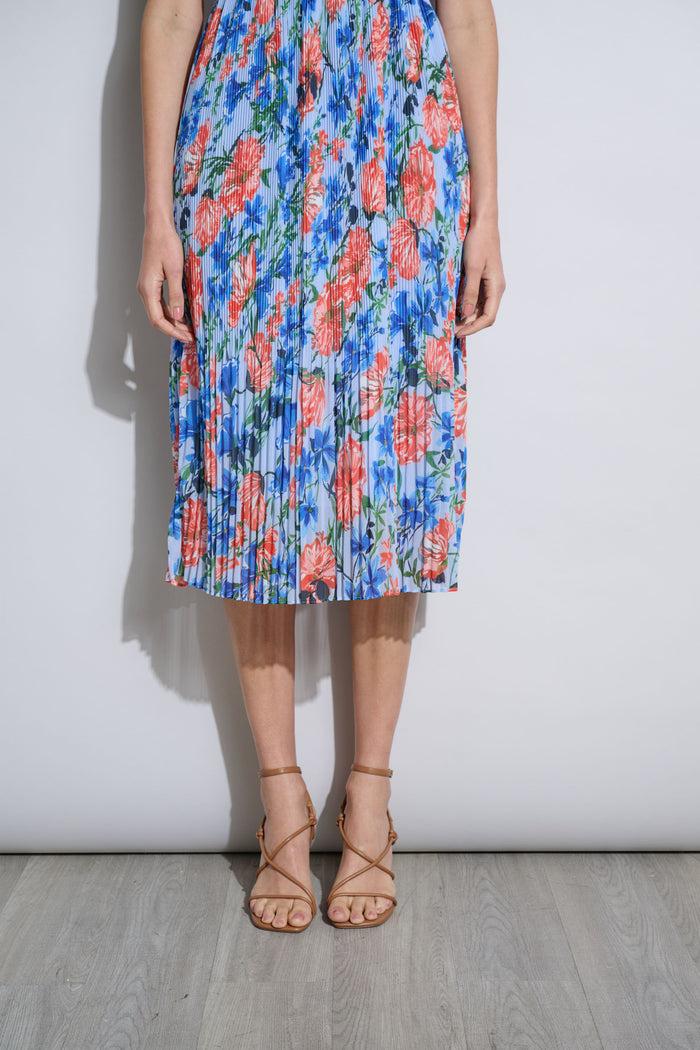 Elie Tahari Floral Halter Pleated Midi Dress POOL BLUE FLORAL